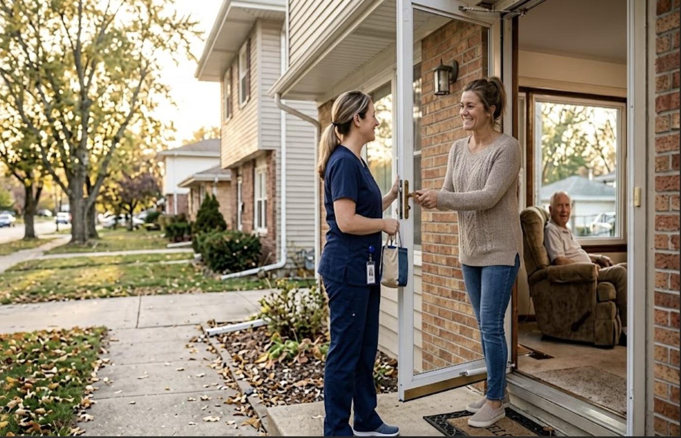 A caregiver arriving at a family's front door, greeted by a smiling daughter while her father waits inside